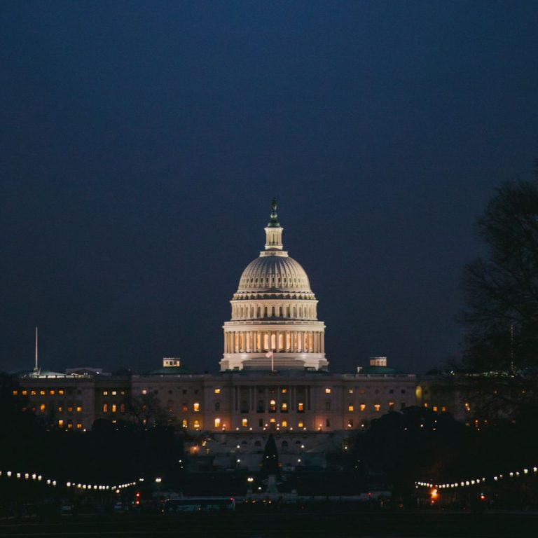 Mvation is a value added reseller of IT solutions to the federal government; photo is of Capital Hill at night.
