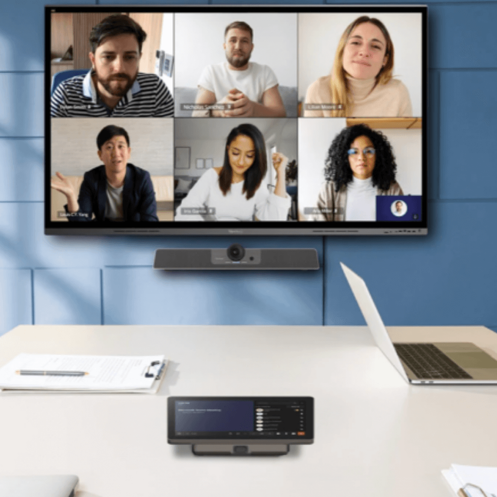 Mvation is a value added reseller of IT products to the Federal Government - conference room with projector, conference call screen, and conference room video meeting bar.